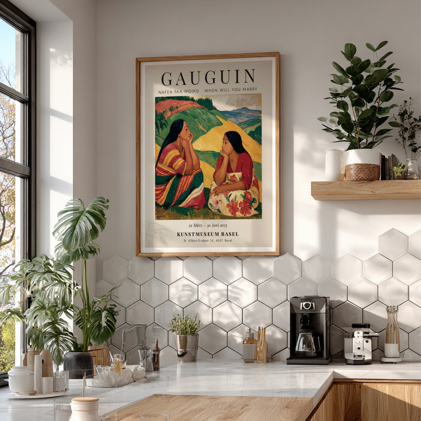 Nafea Faa Ipoipo poster featuring Gauguin's vibrant tropical scene with two women in rich colors