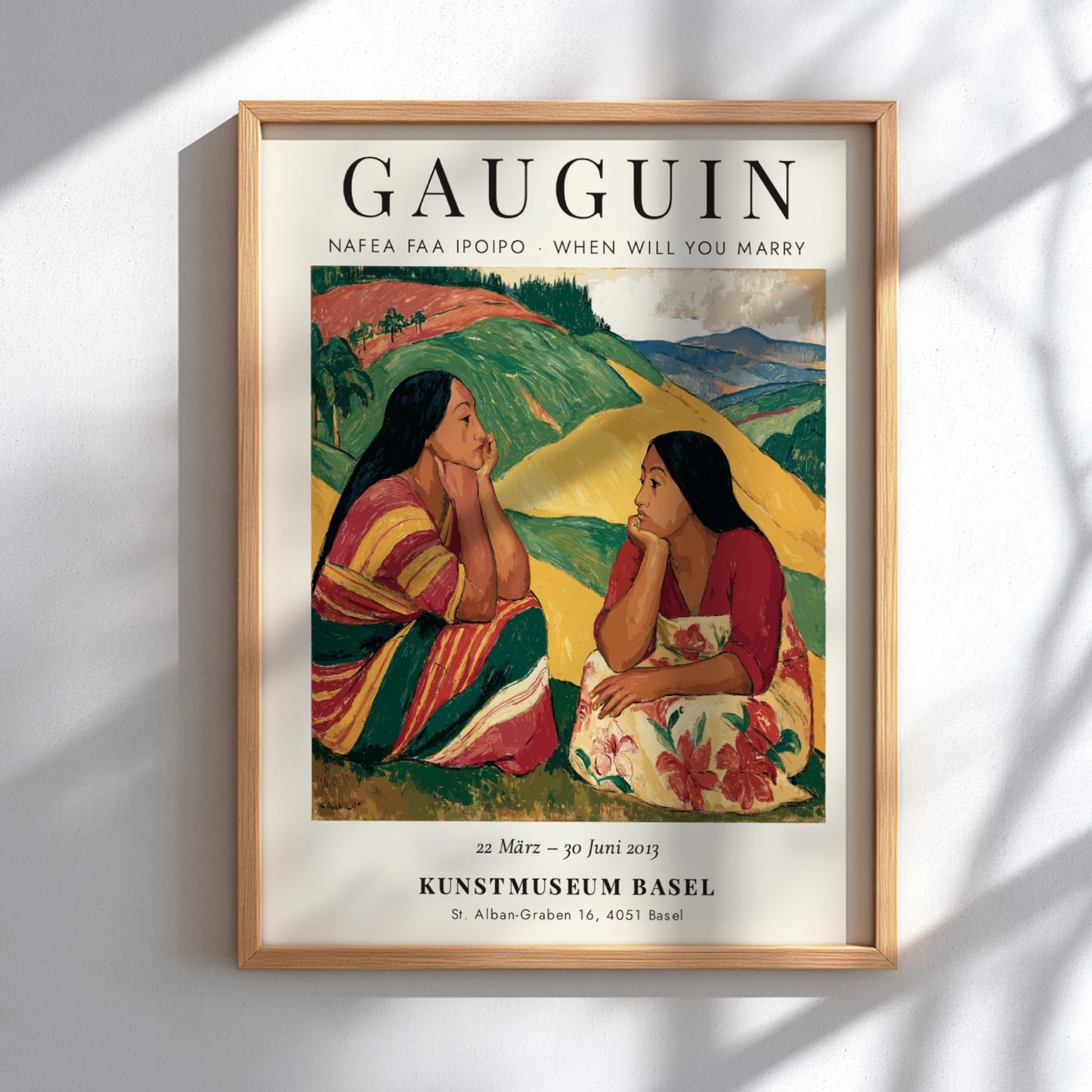Nafea Faa Ipoipo poster featuring Gauguin's vibrant tropical scene with two women in rich colors