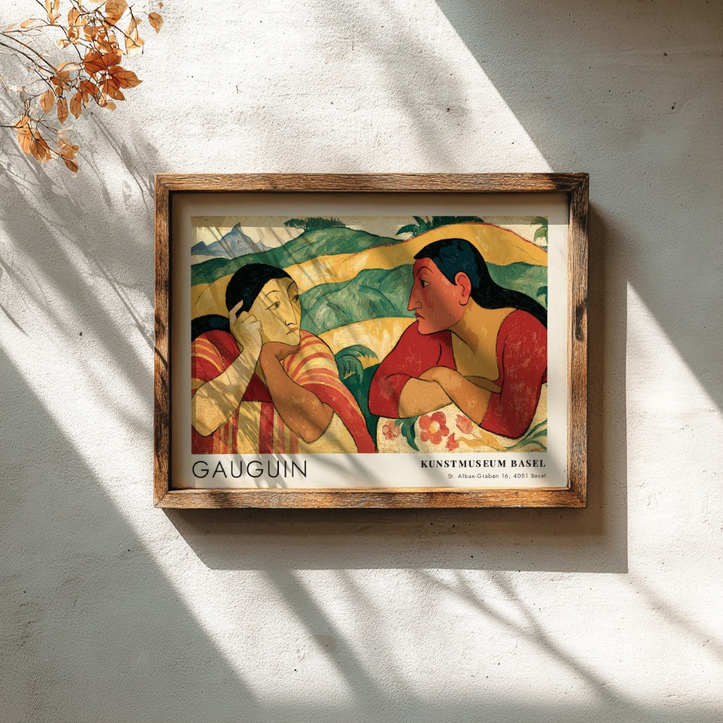 Wall art poster featuring Gauguin Nafea Faa Ipoipo with two women in landscape.