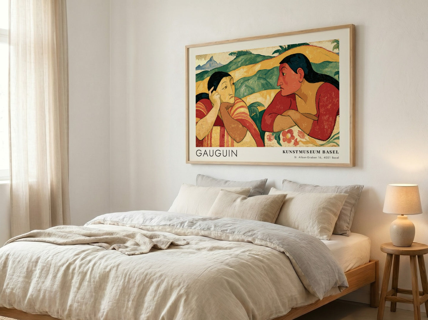 Wall art poster featuring Gauguin Nafea Faa Ipoipo with two women in landscape.