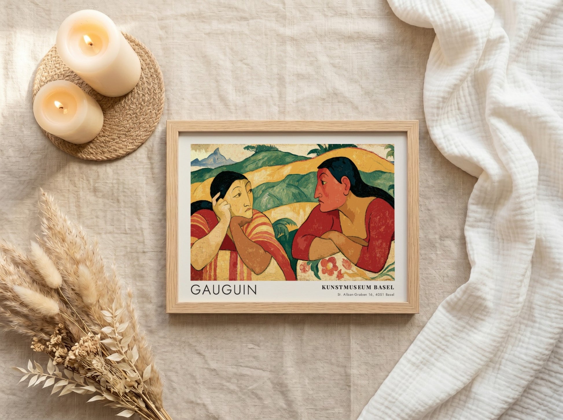 Wall art poster featuring Gauguin Nafea Faa Ipoipo with two women in landscape.