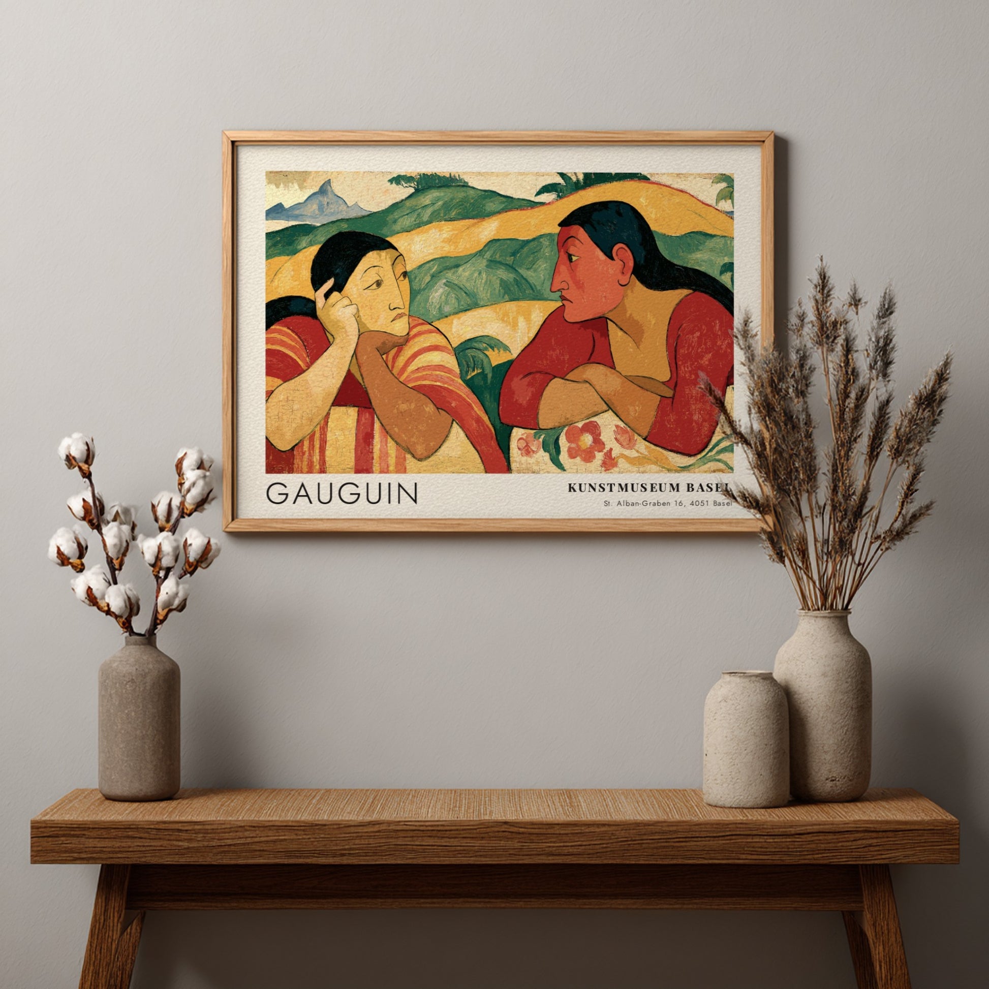 Wall art poster featuring Gauguin Nafea Faa Ipoipo with two women in landscape.