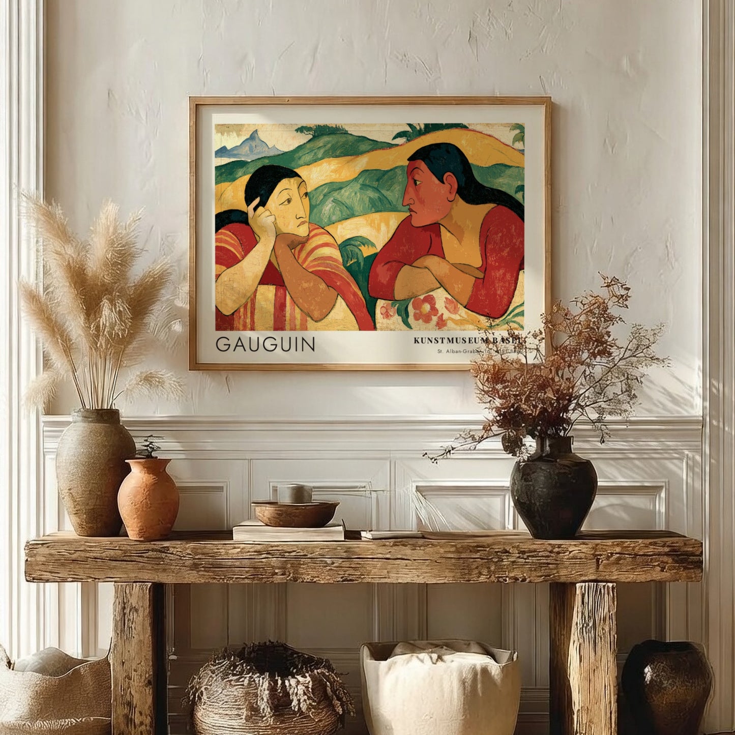 Wall art poster featuring Gauguin Nafea Faa Ipoipo with two women in landscape.