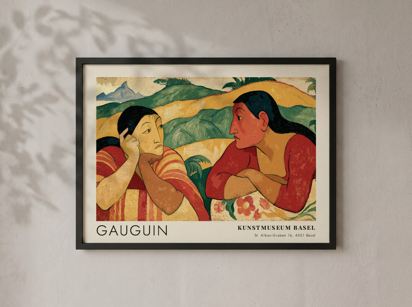 Wall art poster featuring Gauguin Nafea Faa Ipoipo with two women in landscape.