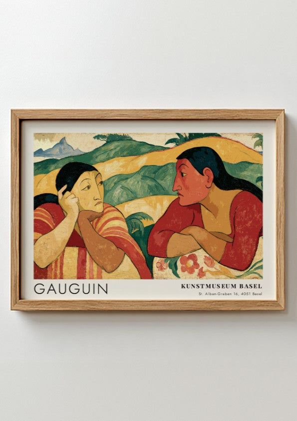 Wall art poster featuring Gauguin Nafea Faa Ipoipo with two women in landscape.