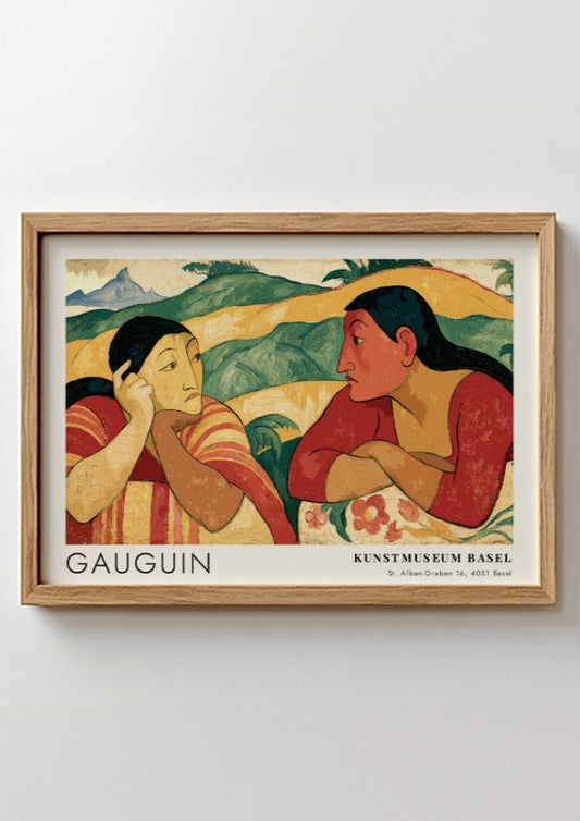 Wall art poster featuring Gauguin Nafea Faa Ipoipo with two women in landscape.