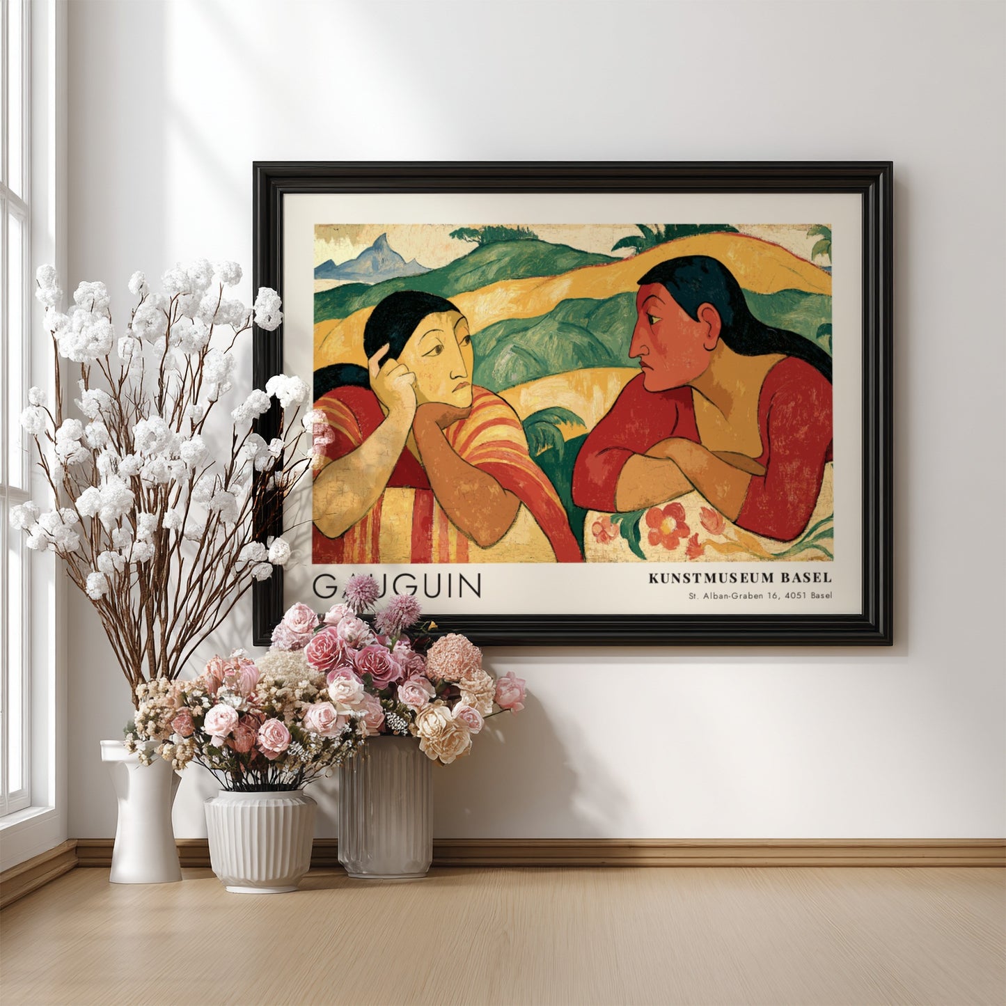 Wall art poster featuring Gauguin Nafea Faa Ipoipo with two women in landscape.