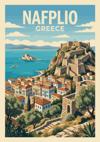 Poster of Nafplio Greece featuring the Palamidi fortress overlooking the blue Mediterranean sea