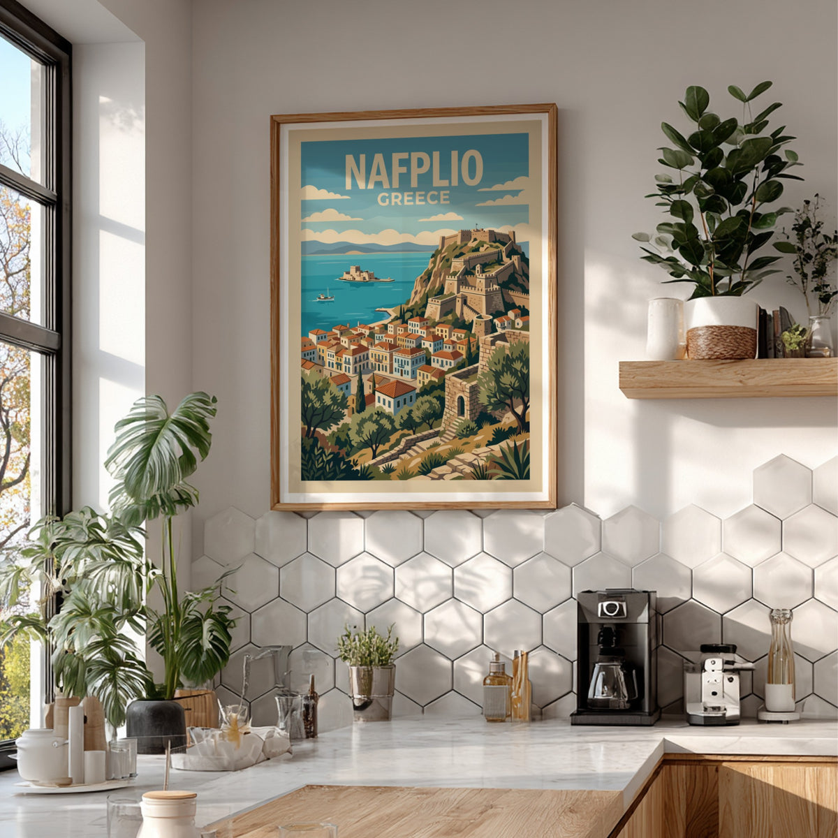 Poster of Nafplio Greece featuring the Palamidi fortress overlooking the blue Mediterranean sea
