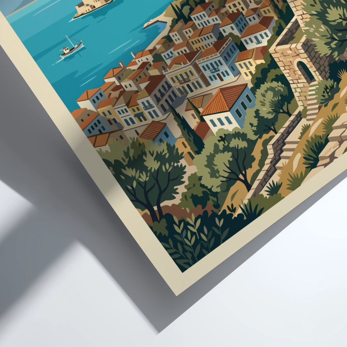 Poster of Nafplio Greece featuring the Palamidi fortress overlooking the blue Mediterranean sea