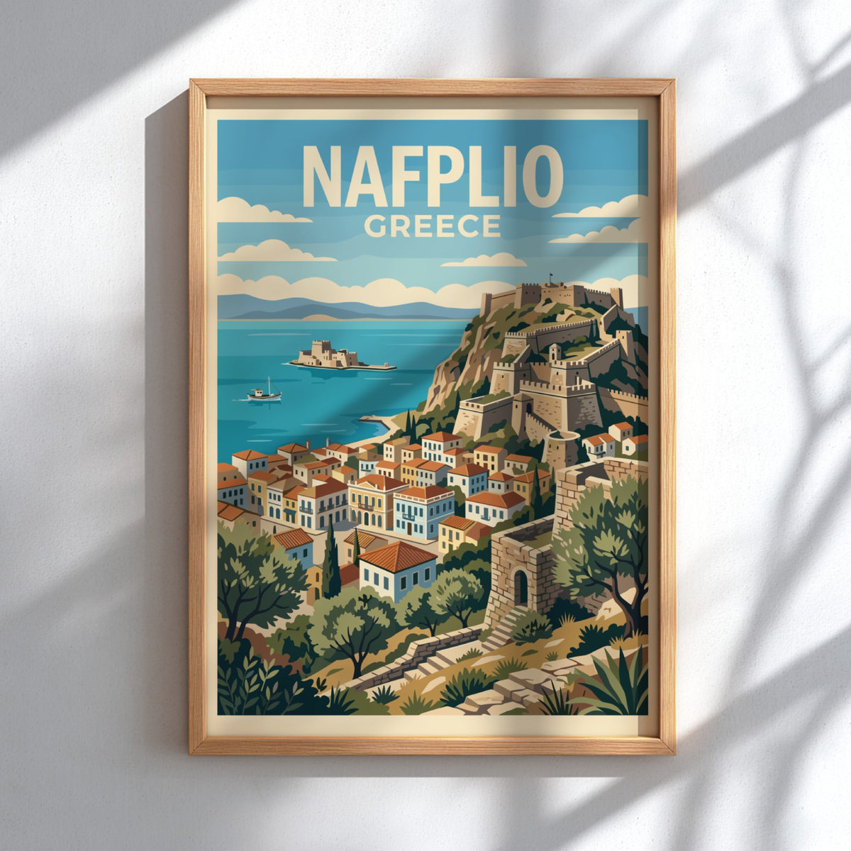Poster of Nafplio Greece featuring the Palamidi fortress overlooking the blue Mediterranean sea