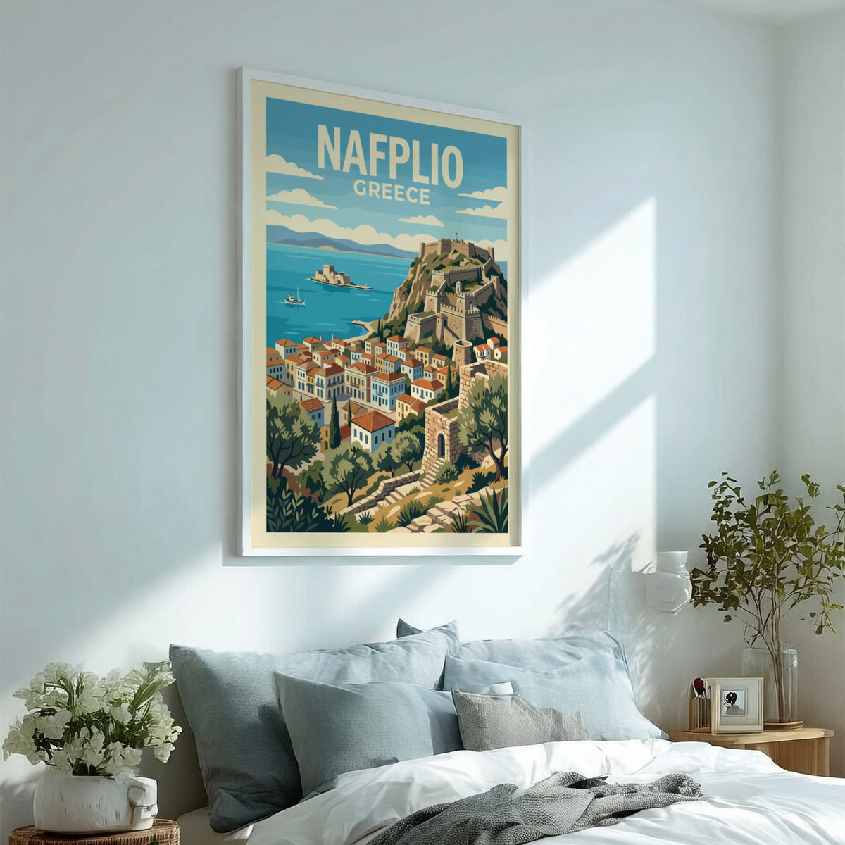 Poster of Nafplio Greece featuring the Palamidi fortress overlooking the blue Mediterranean sea