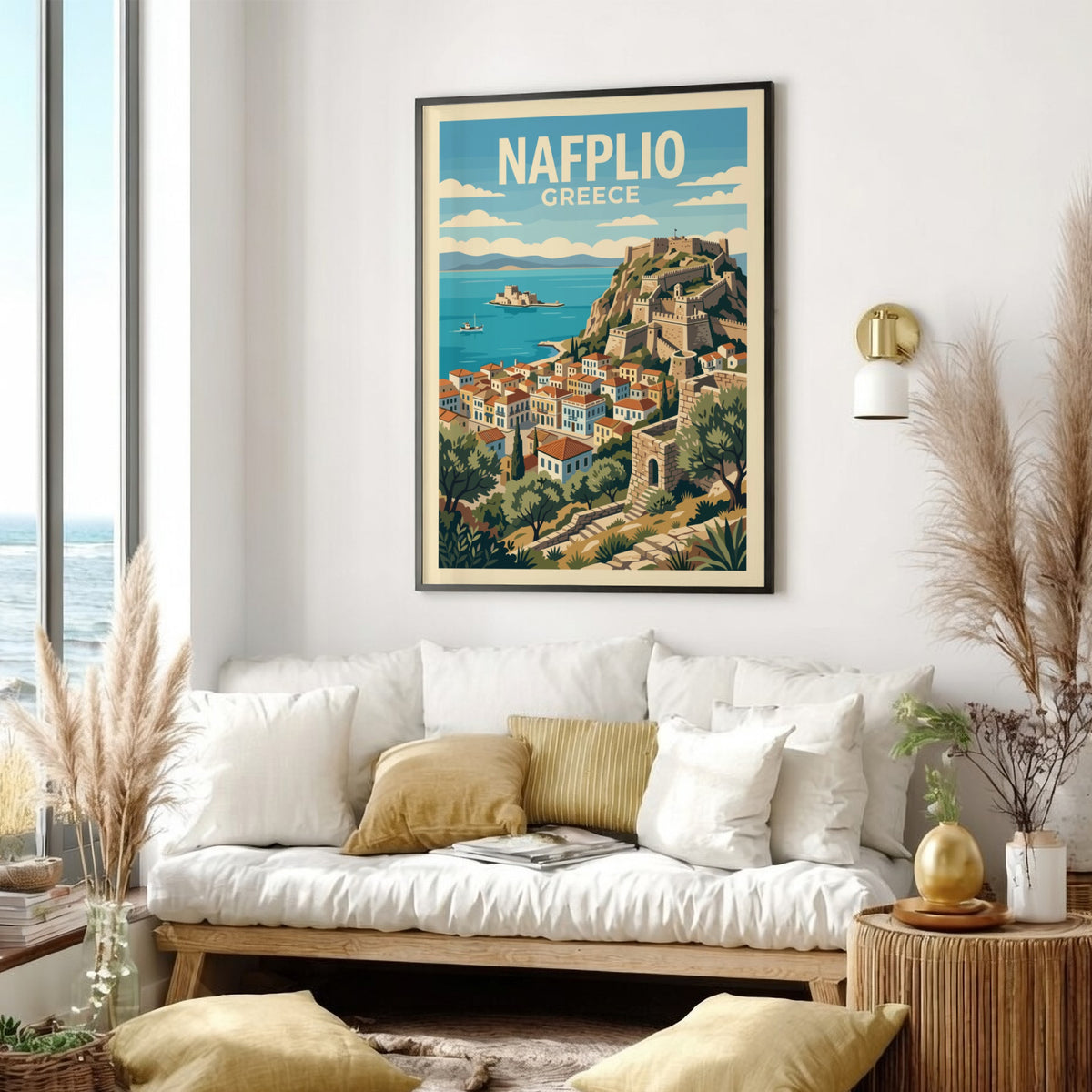 Poster of Nafplio Greece featuring the Palamidi fortress overlooking the blue Mediterranean sea