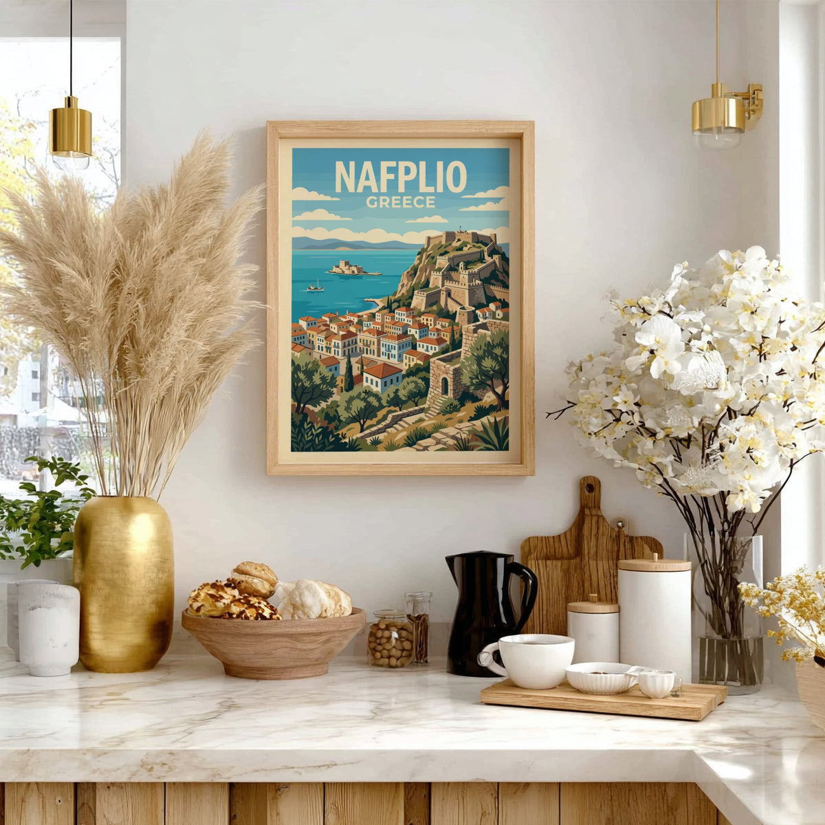 Poster of Nafplio Greece featuring the Palamidi fortress overlooking the blue Mediterranean sea