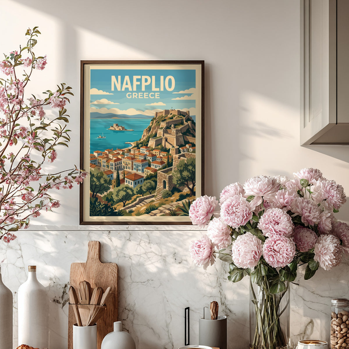 Poster of Nafplio Greece featuring the Palamidi fortress overlooking the blue Mediterranean sea