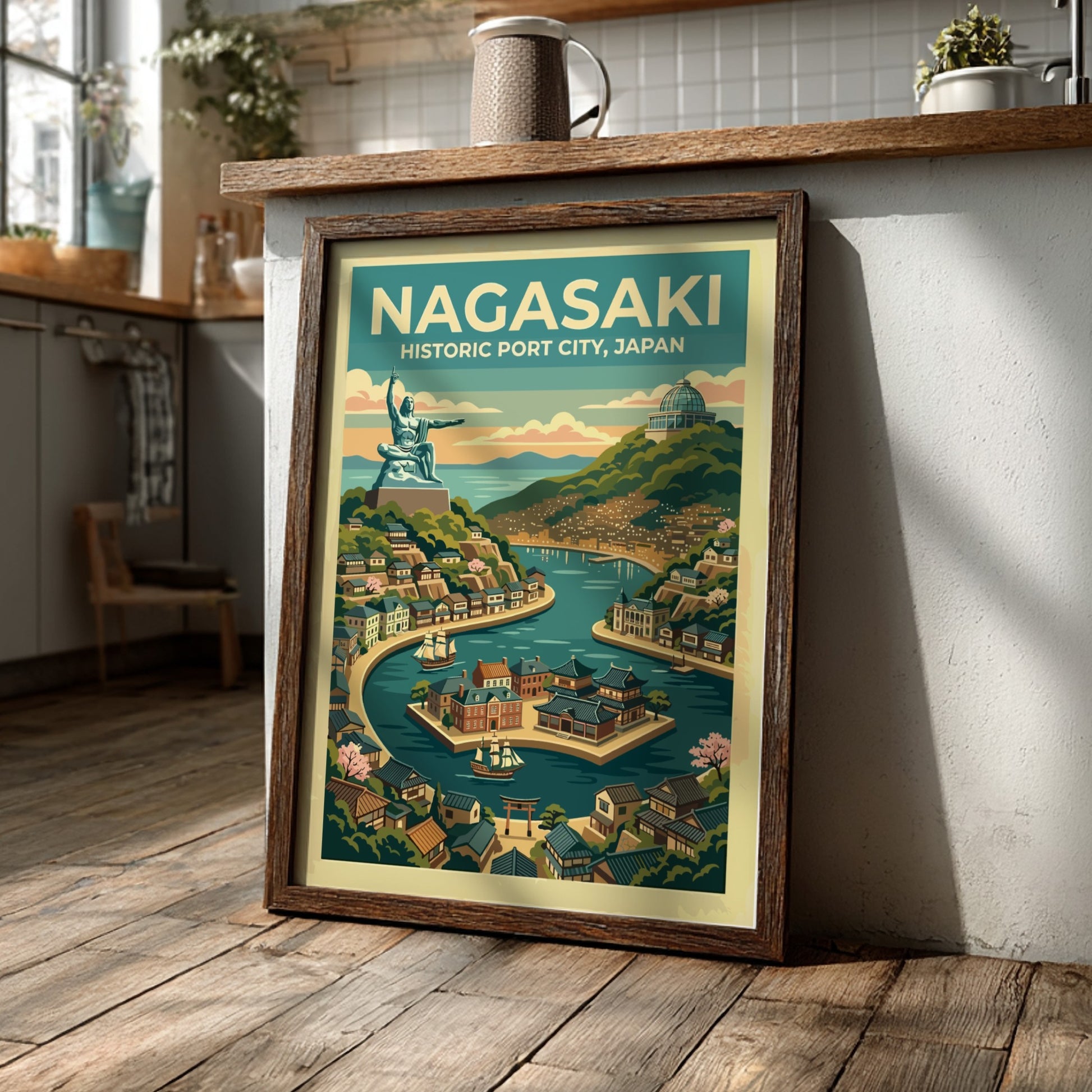 Nagasaki Japan travel poster featuring the peace statue overlooking a historic bay scene