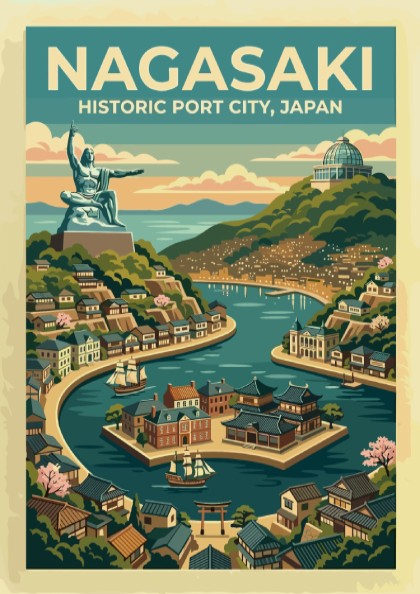 Nagasaki Japan travel poster featuring the peace statue overlooking a historic bay scene