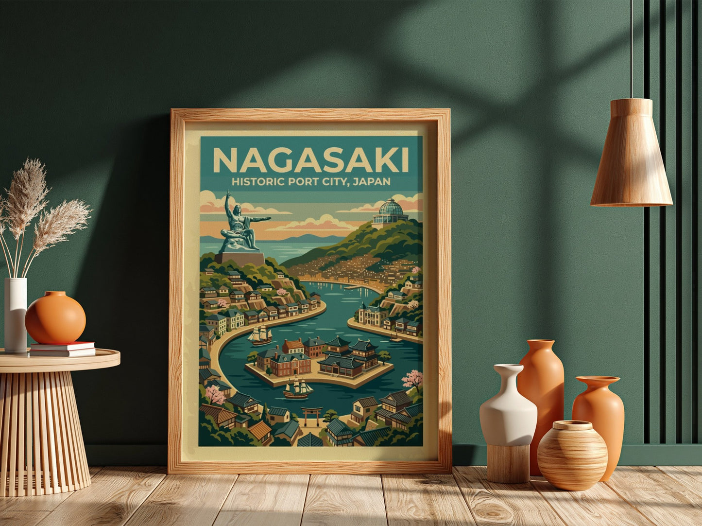 Nagasaki Japan travel poster featuring the peace statue overlooking a historic bay scene