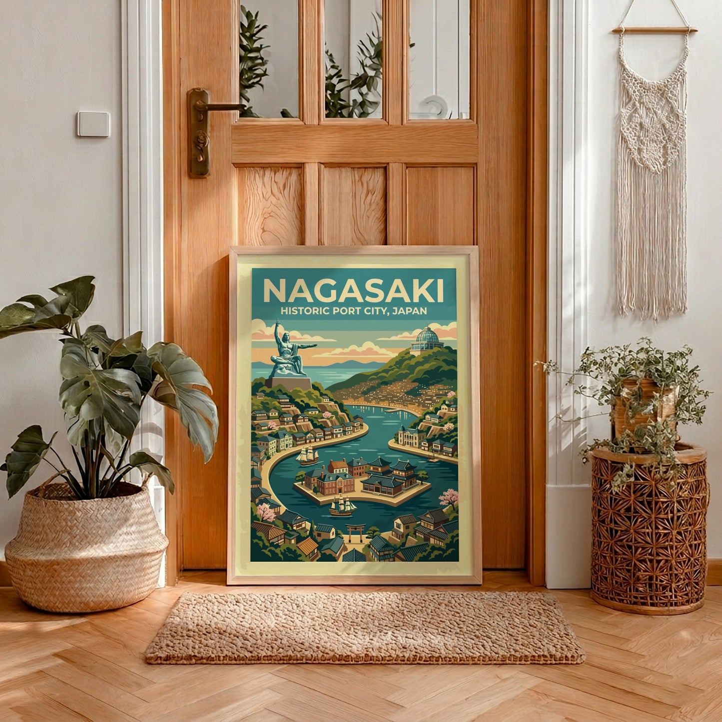 Nagasaki Japan travel poster featuring the peace statue overlooking a historic bay scene