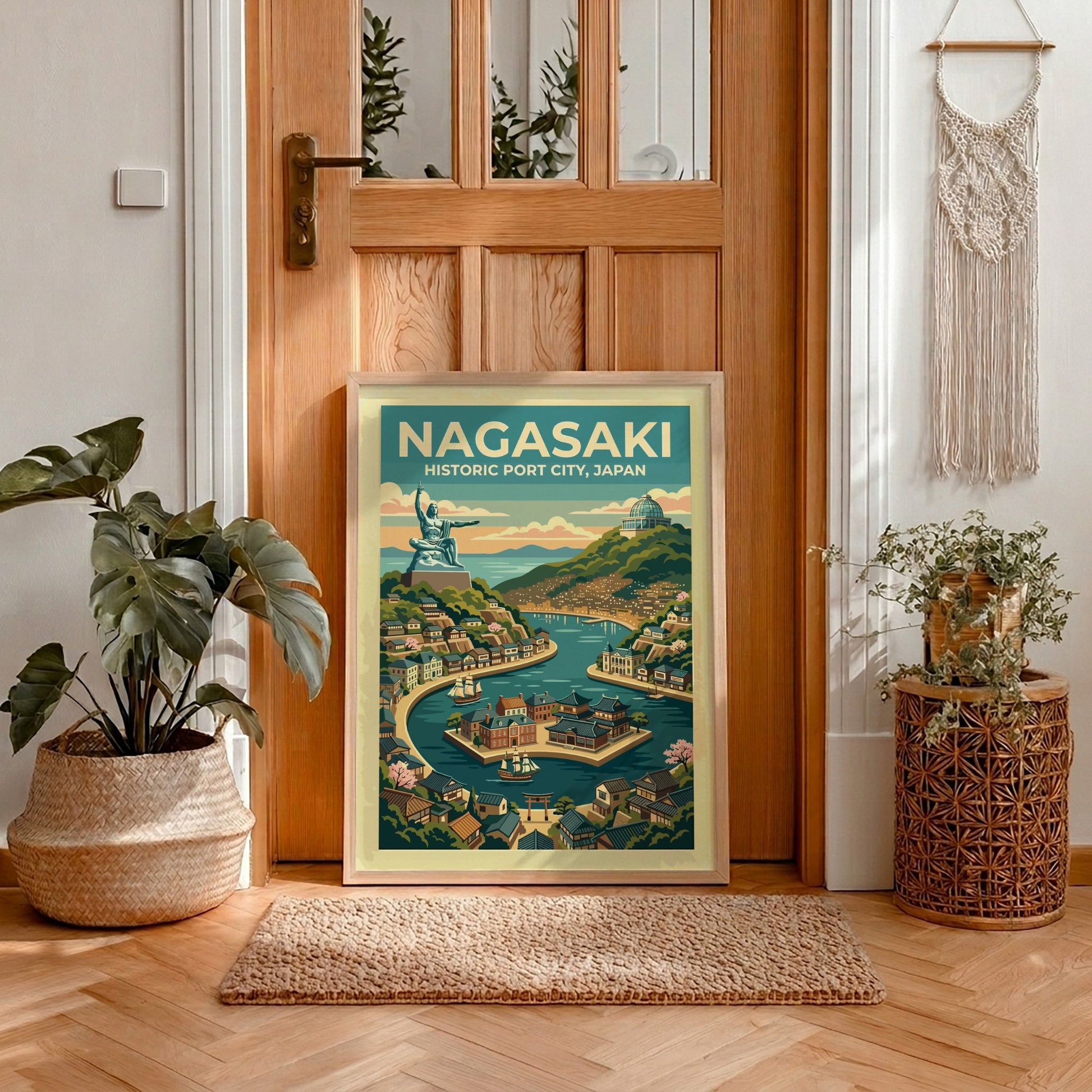 Nagasaki Japan travel poster featuring the peace statue overlooking a historic bay scene