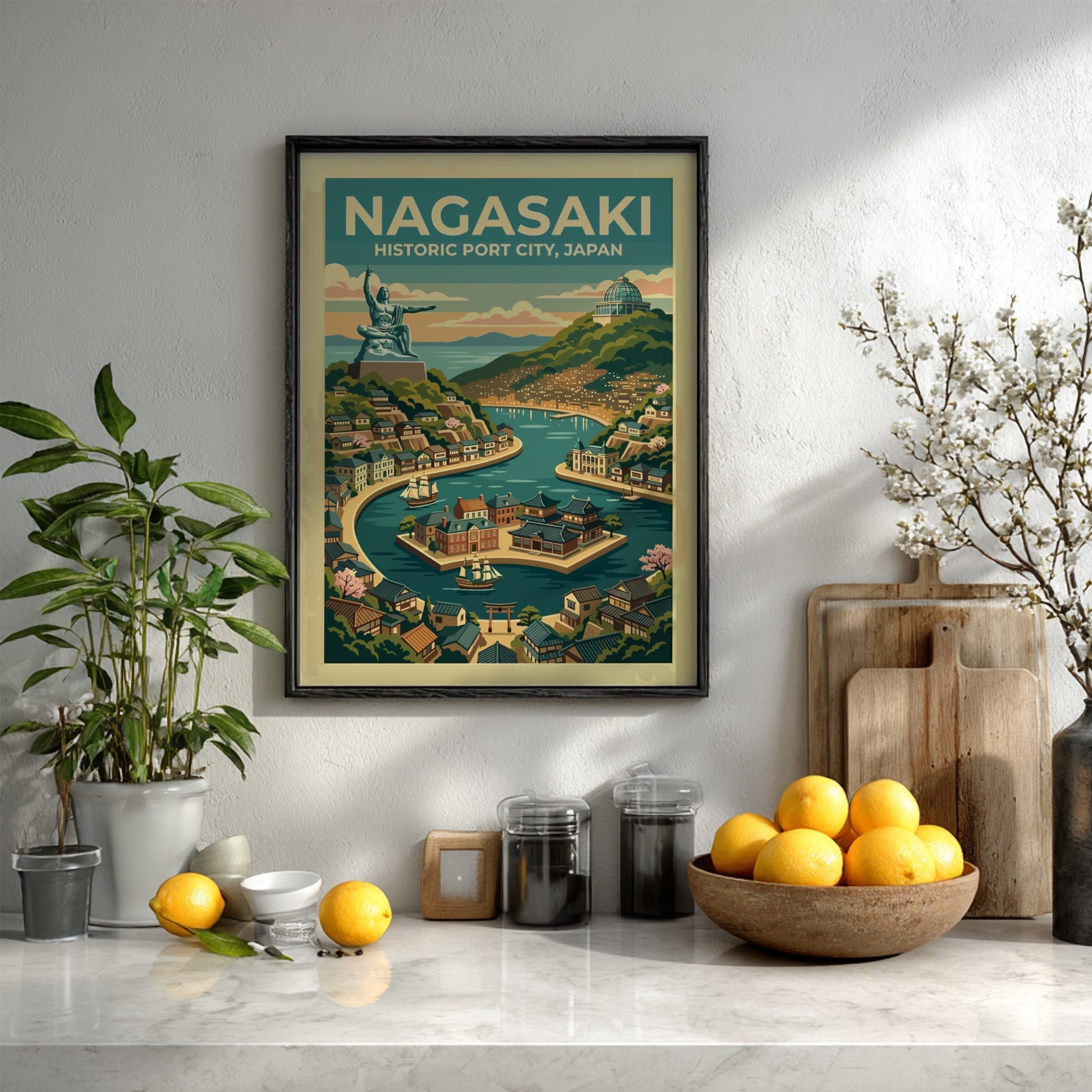 Nagasaki Japan travel poster featuring the peace statue overlooking a historic bay scene