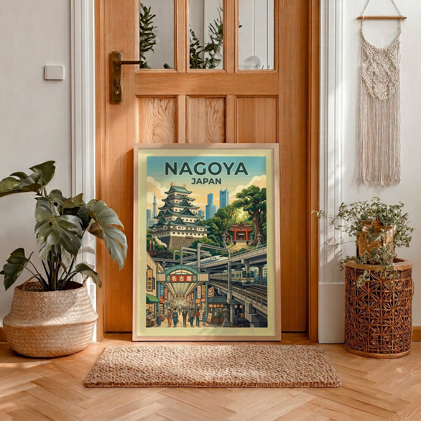 Nagoya Japan travel poster showing a castle, modern skyscrapers, and a bustling market street.