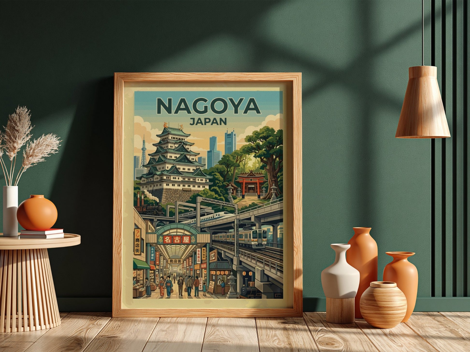 Nagoya Japan travel poster showing a castle, modern skyscrapers, and a bustling market street.