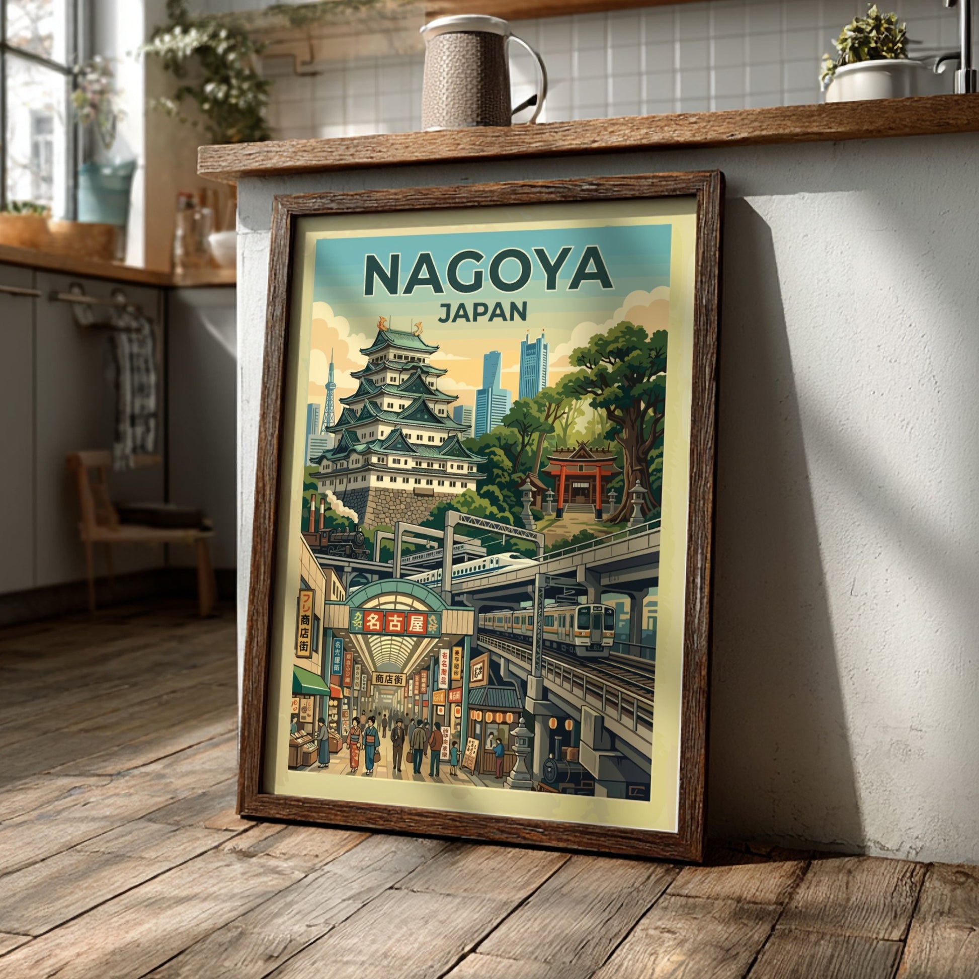 Nagoya Japan travel poster showing a castle, modern skyscrapers, and a bustling market street.