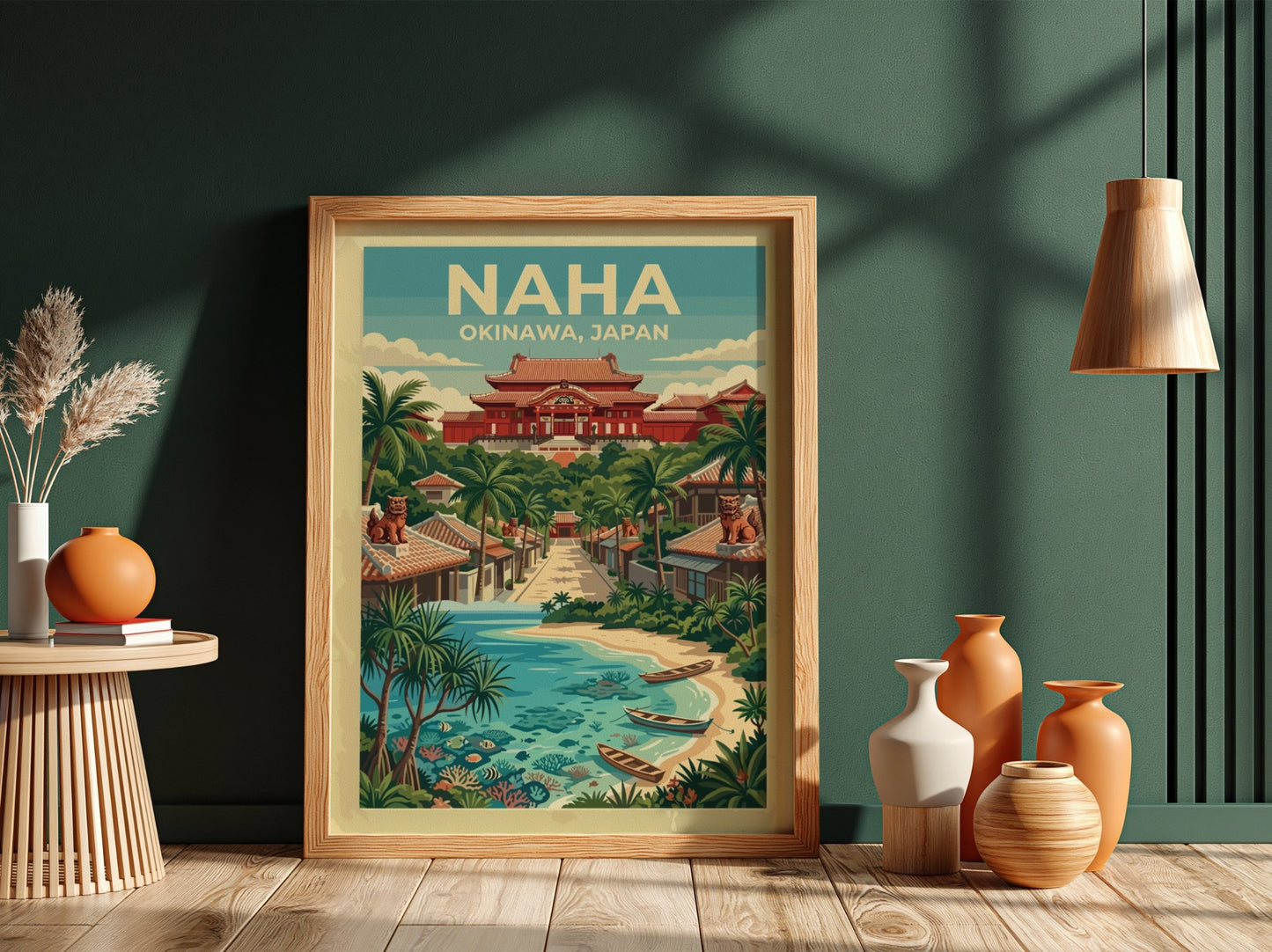 Naha Okinawa travel poster featuring red Japanese architecture and boats on a sandy beach.