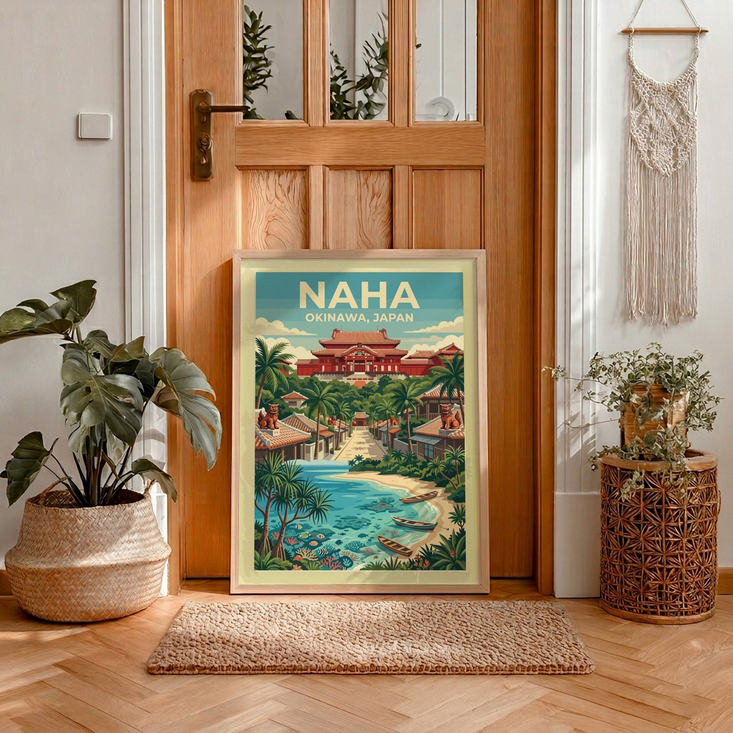 Naha Okinawa travel poster featuring red Japanese architecture and boats on a sandy beach.
