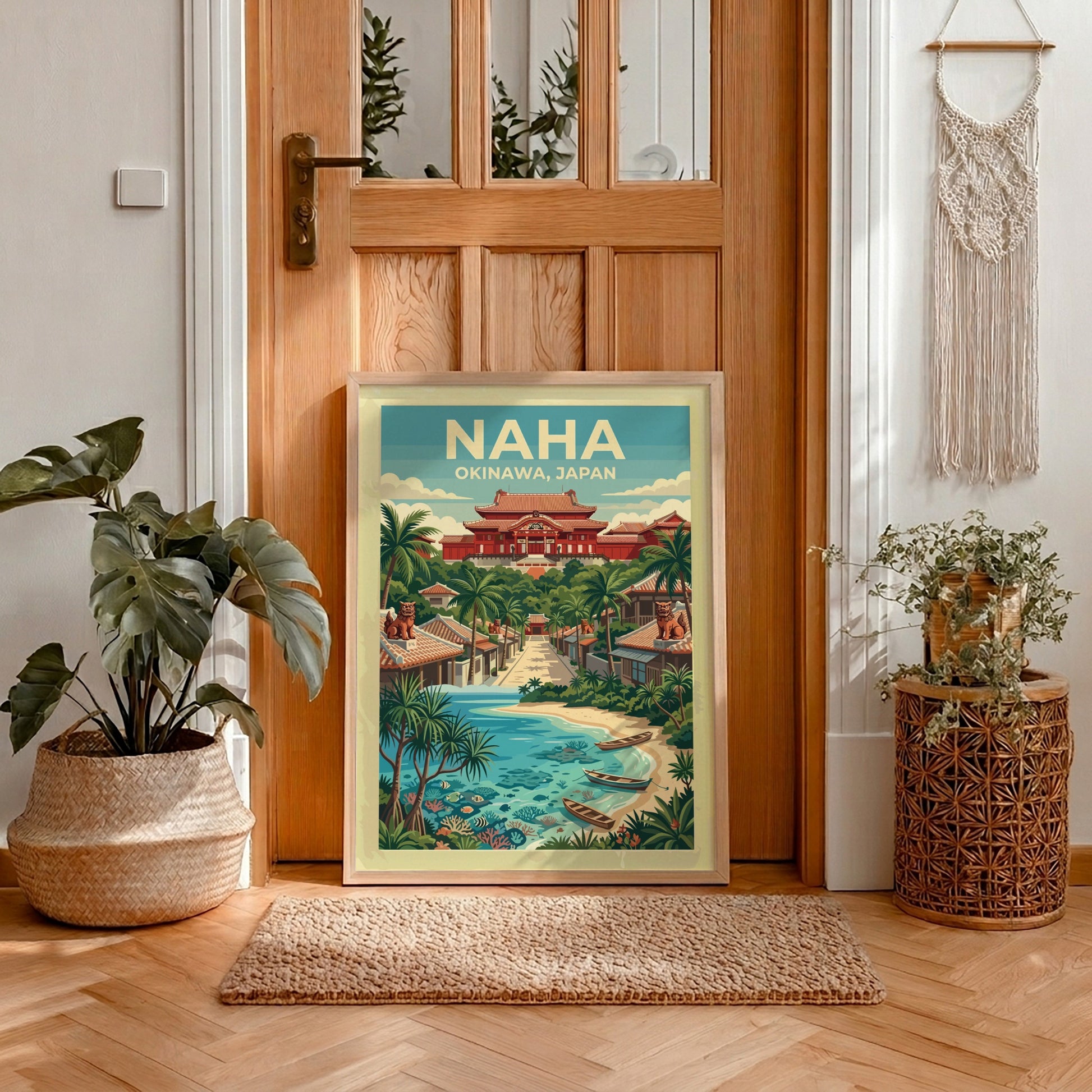 Naha Okinawa travel poster featuring red Japanese architecture and boats on a sandy beach.