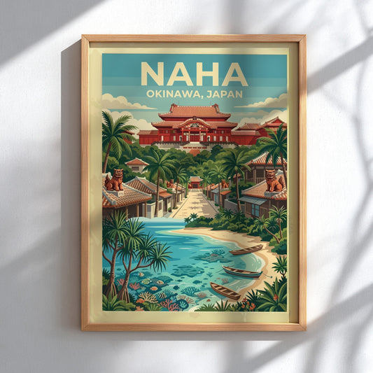 Naha Okinawa travel poster featuring red Japanese architecture and boats on a sandy beach.