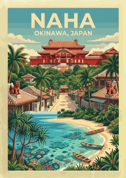 Naha Okinawa travel poster featuring red Japanese architecture and boats on a sandy beach.