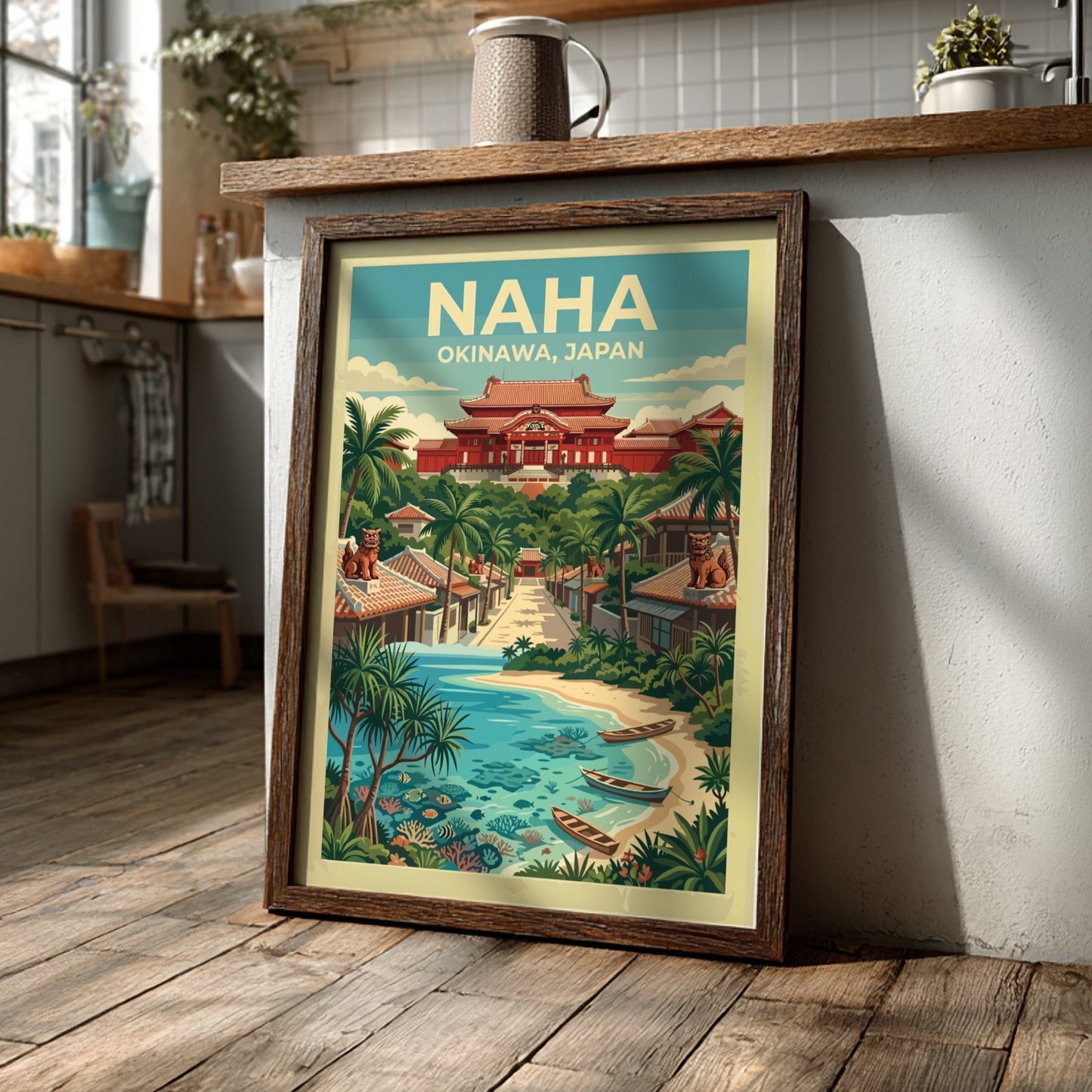 Naha Okinawa travel poster featuring red Japanese architecture and boats on a sandy beach.
