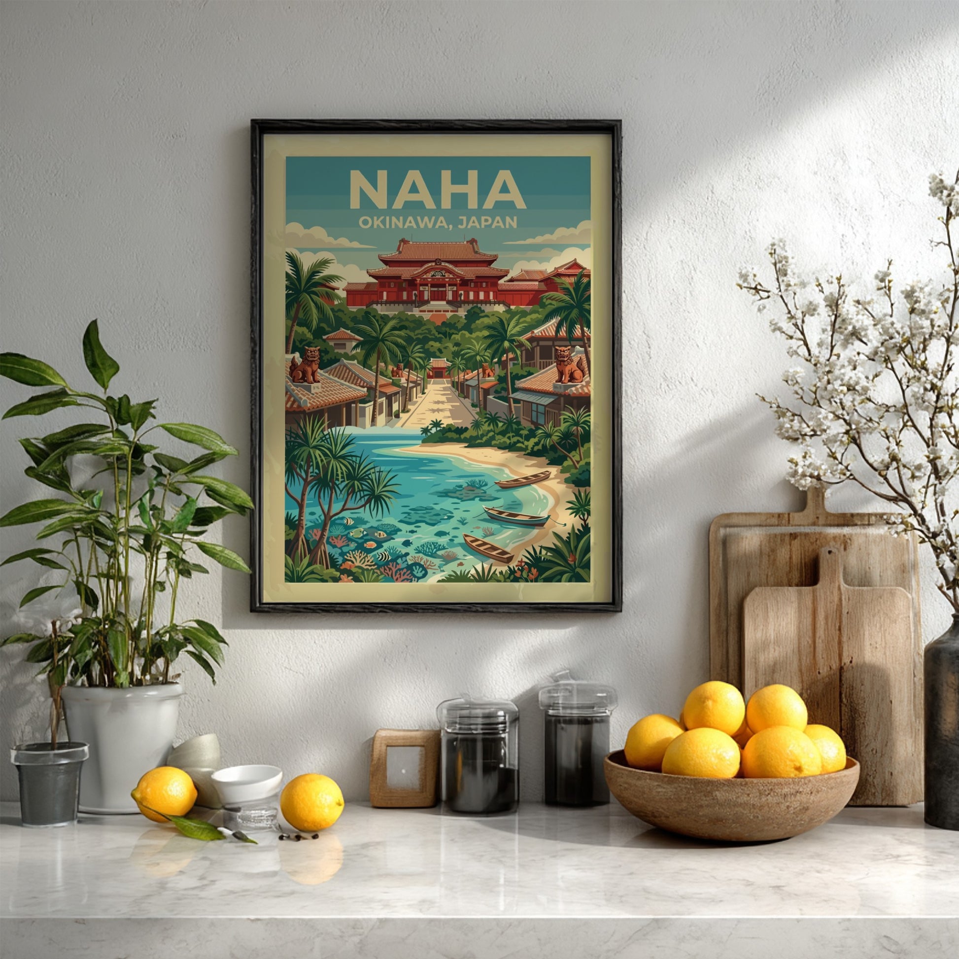 Naha Okinawa travel poster featuring red Japanese architecture and boats on a sandy beach.