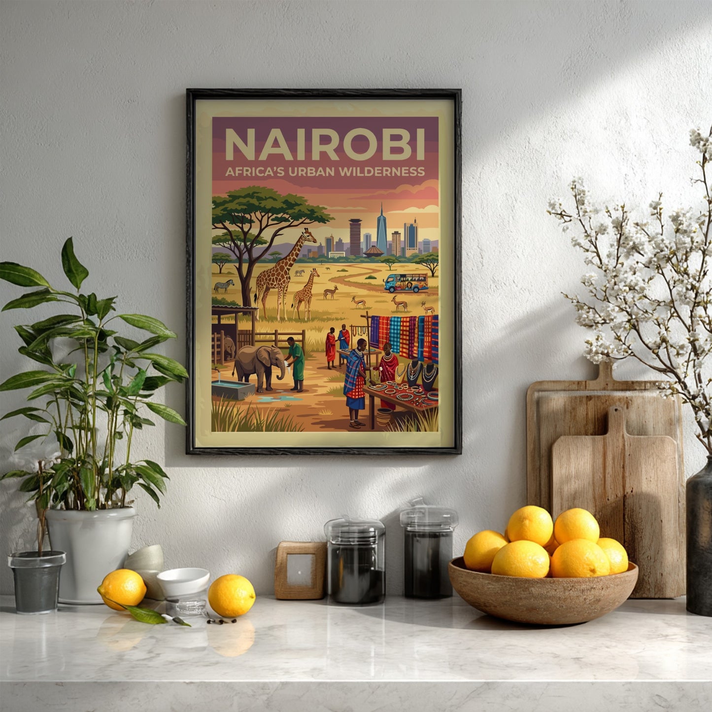 Travel poster of Nairobi Africa Urban Wilderness featuring a city skyline and giraffes.