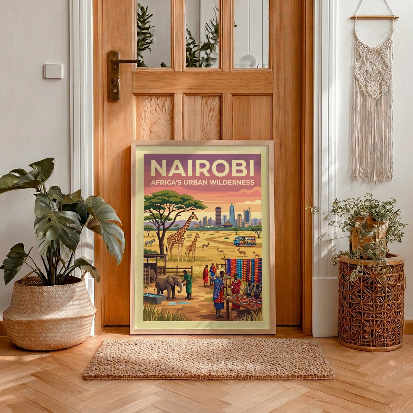 Travel poster of Nairobi Africa Urban Wilderness featuring a city skyline and giraffes.