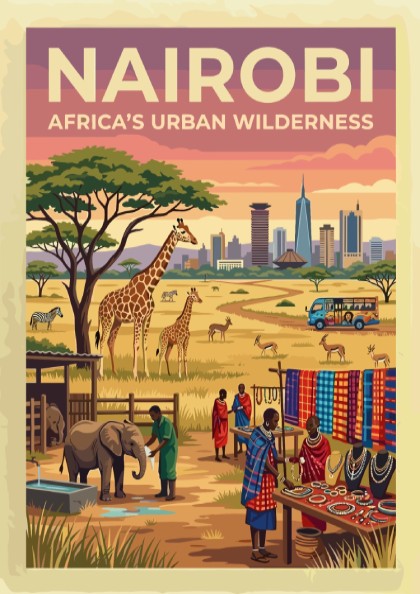 Travel poster of Nairobi Africa Urban Wilderness featuring a city skyline and giraffes.