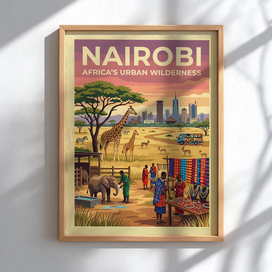 Travel poster of Nairobi Africa Urban Wilderness featuring a city skyline and giraffes.