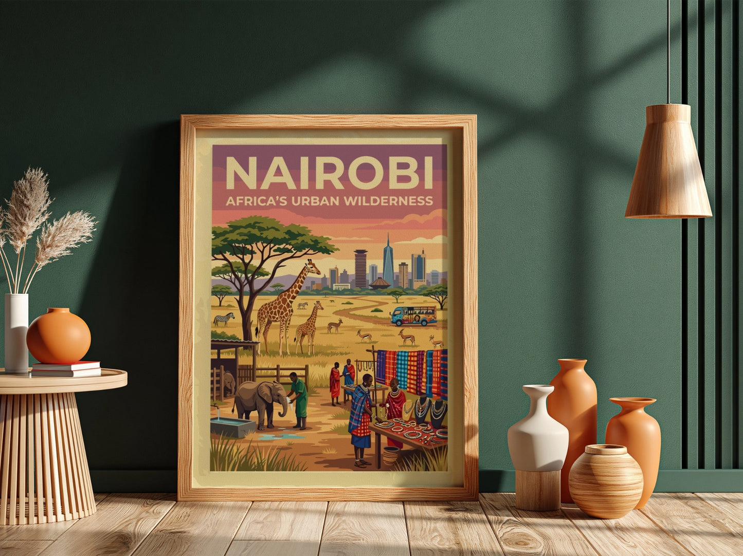 Travel poster of Nairobi Africa Urban Wilderness featuring a city skyline and giraffes.