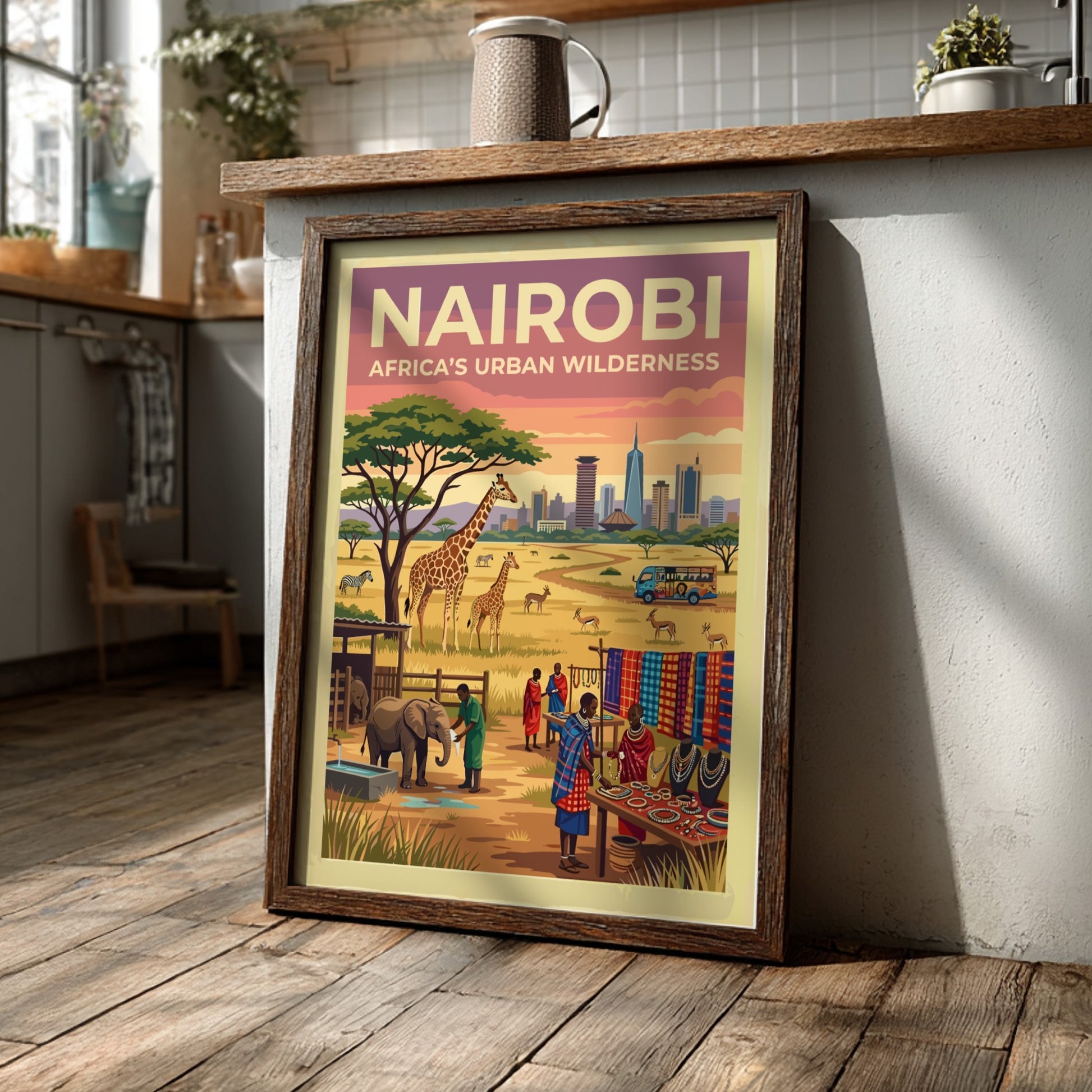 Travel poster of Nairobi Africa Urban Wilderness featuring a city skyline and giraffes.