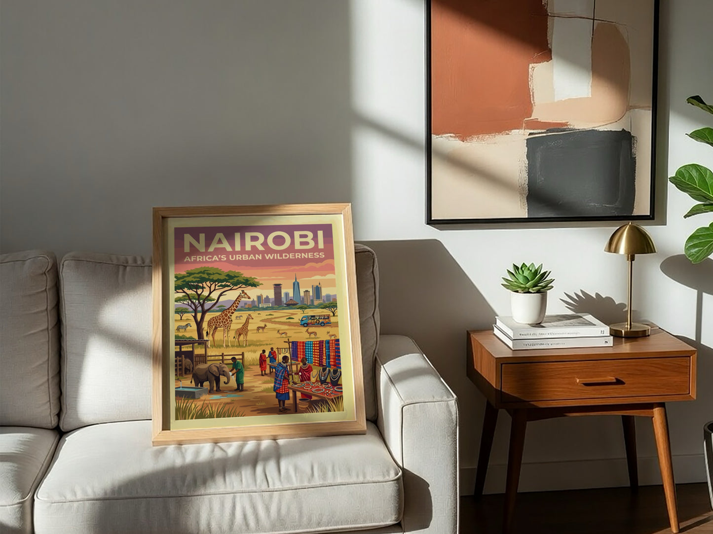 Travel poster of Nairobi Africa Urban Wilderness featuring a city skyline and giraffes.