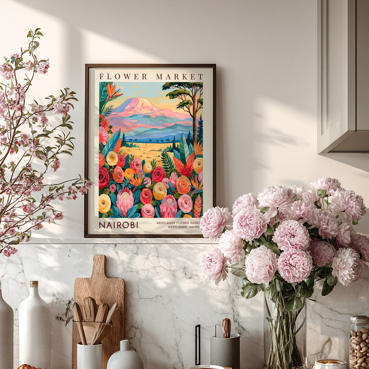 Nairobi flower market poster showcasing colorful blooms and mountains in a botanical style