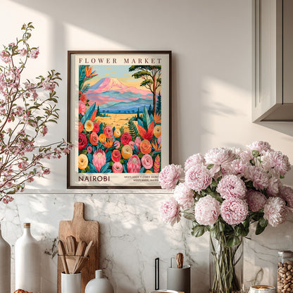 Nairobi flower market poster showcasing colorful blooms and mountains in a botanical style