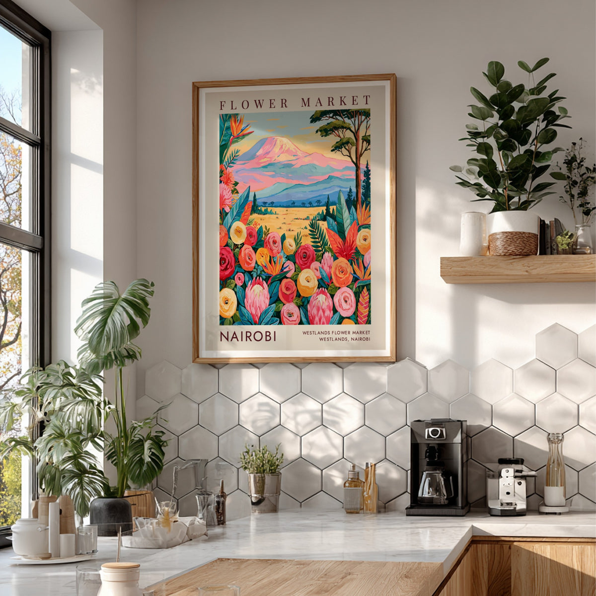 Nairobi flower market poster showcasing colorful blooms and mountains in a botanical style
