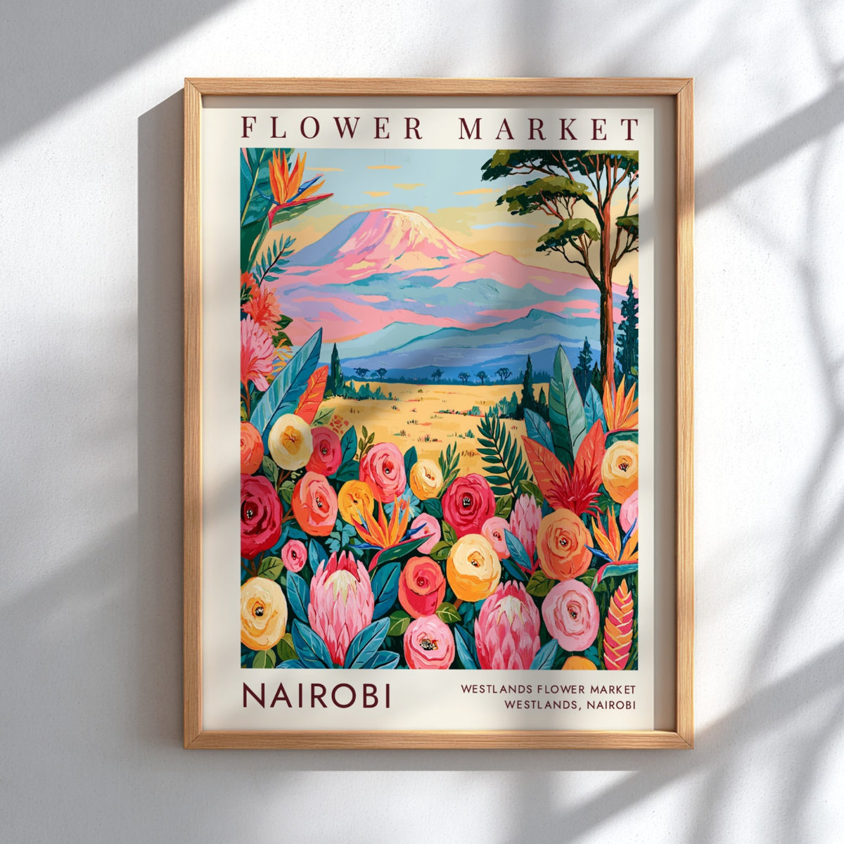 Nairobi flower market poster showcasing colorful blooms and mountains in a botanical style
