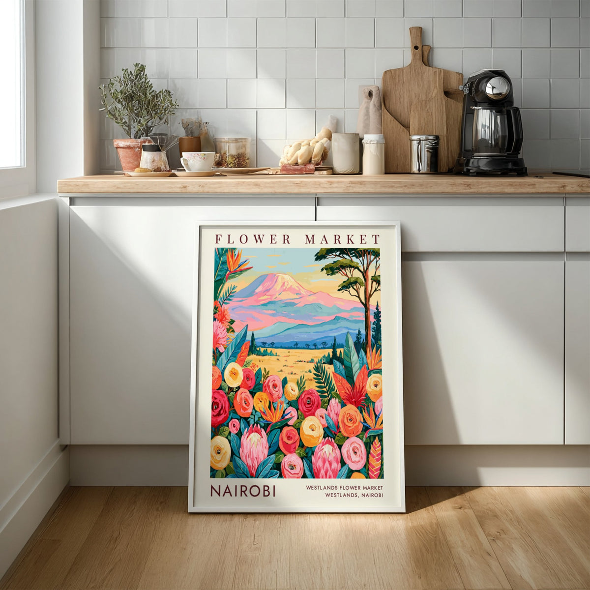 Nairobi flower market poster showcasing colorful blooms and mountains in a botanical style