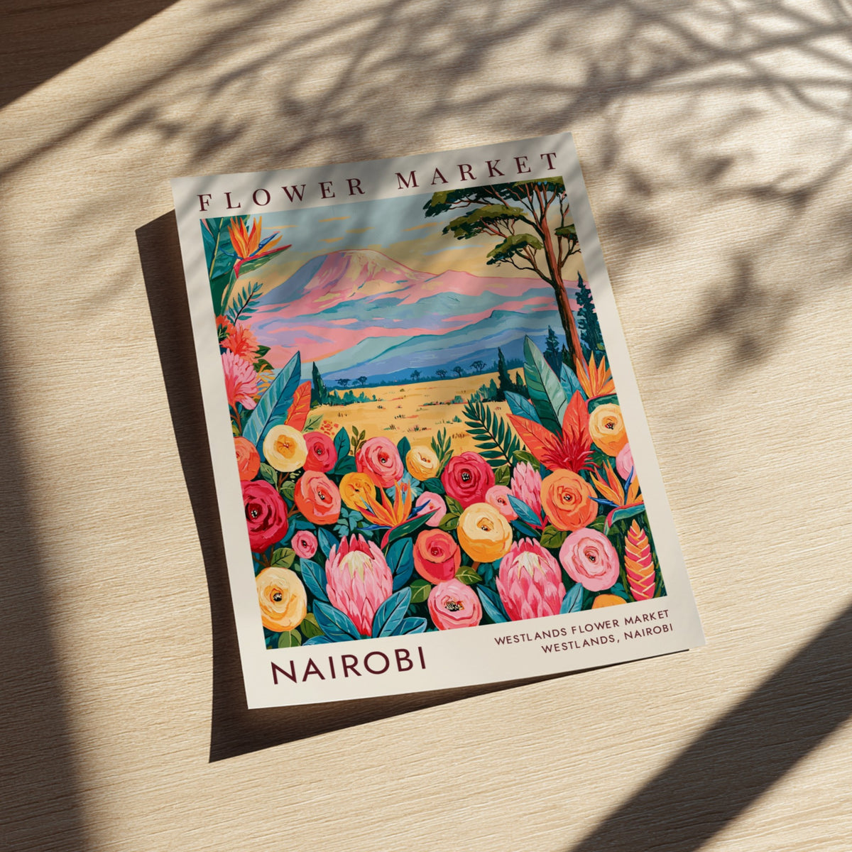 Nairobi flower market poster showcasing colorful blooms and mountains in a botanical style
