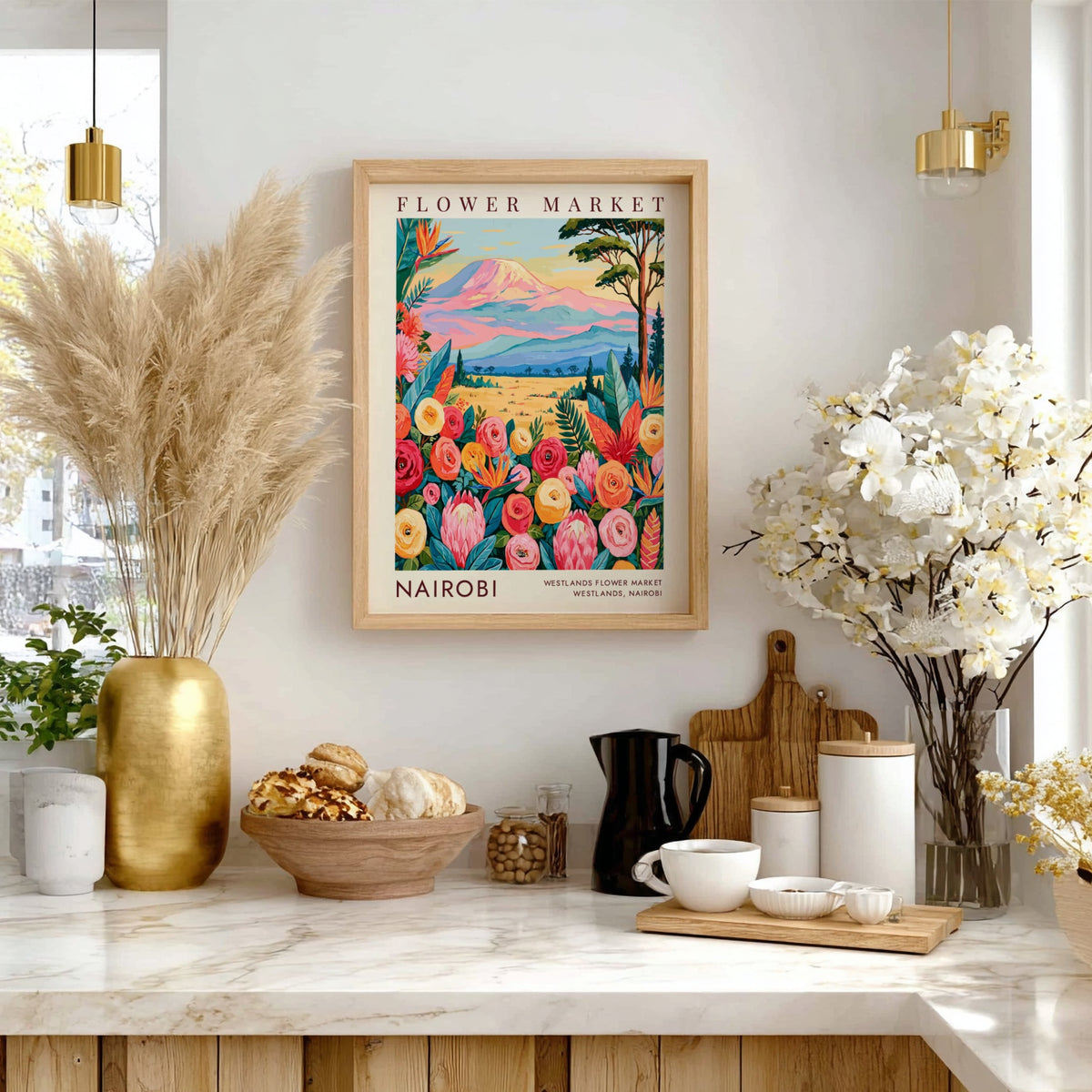 Nairobi flower market poster showcasing colorful blooms and mountains in a botanical style