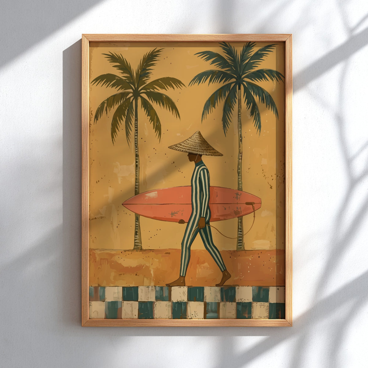 Wall decor print featuring a surfer carrying a surfboard past tropical palm trees